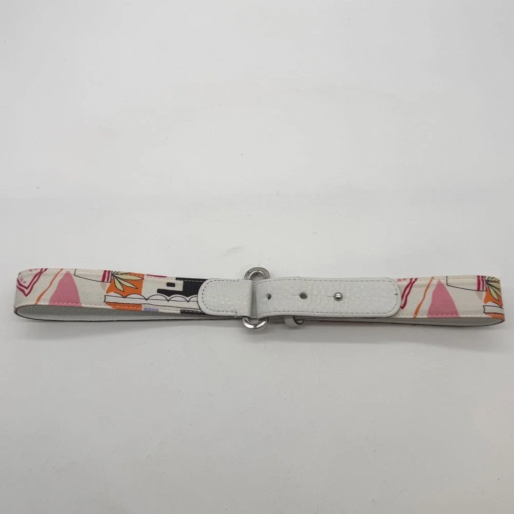 Talbots Womens XS White Leather Fabric Abstract Print Belt Silver Stud Closure